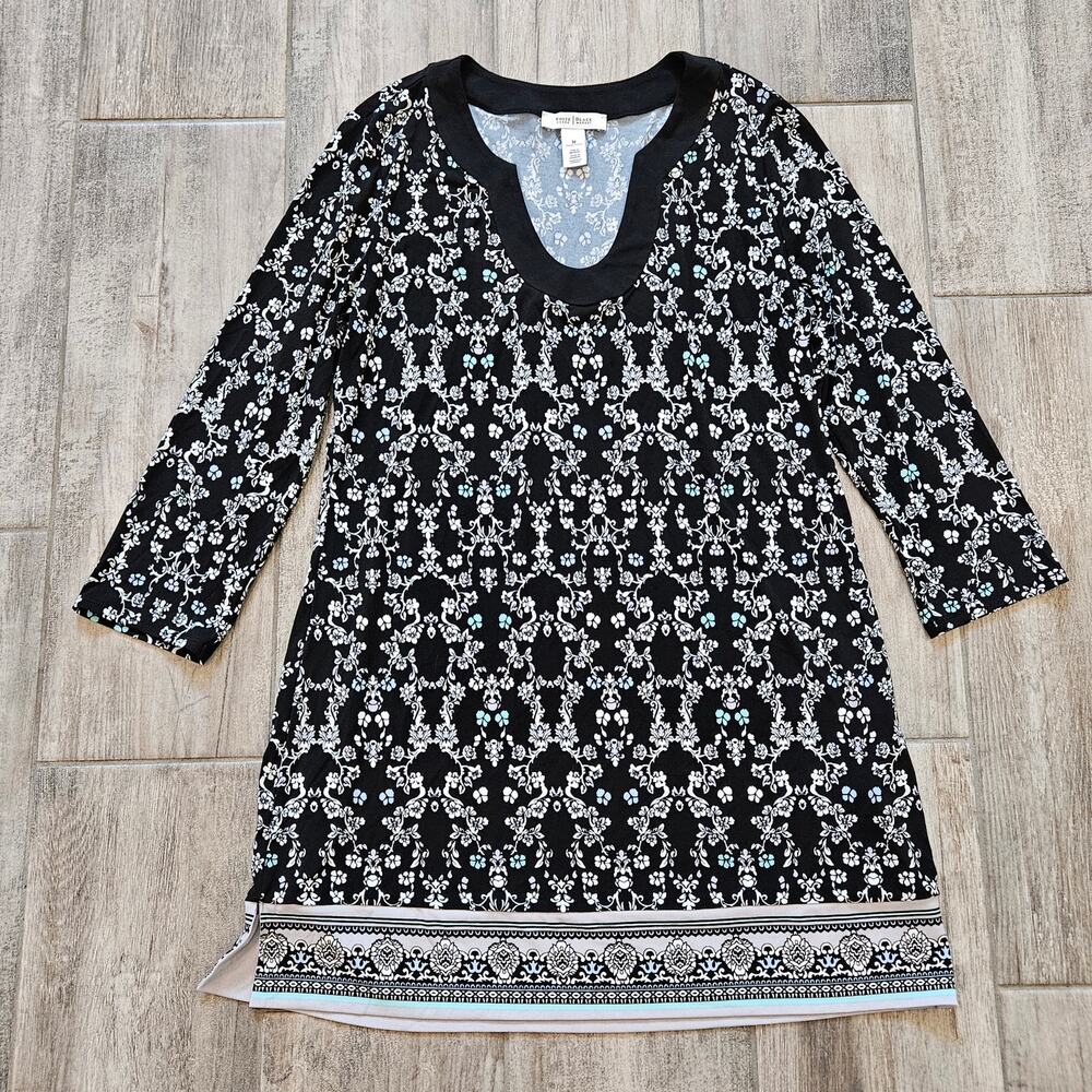 White House Black Market Printed Shift Dress Women’s M Black Floral Tunic Casual